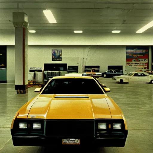 Image similar to 1980 Grand National GNX GTO, inside of an auto dealership, ektachrome photograph, volumetric lighting, f8 aperture, cinematic Eastman 5384 film