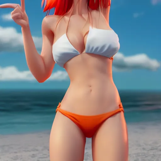 Prompt: render as a very beautiful 3d anime girl, short orange red hair, hazel eyes, full round face, short smile, white silver bikini, serene beach setting, cinematic lightning, medium shot, mid-shot, highly detailed, trending on Artstation, Unreal Engine 4k, cinematic wallpaper