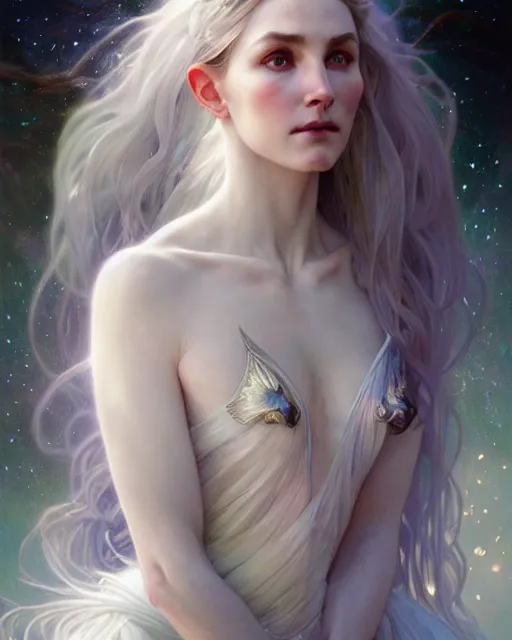 Image similar to realistic portrait of a beautiful white witch, bright, beautiful, heroic pose, beautiful face, magic, dramatic lighting, intricate, wild, highly detailed, digital painting, artstation, concept art, smooth, sharp focus, illustration, art by artgerm and greg rutkowski and alphonse mucha, footage from space camera