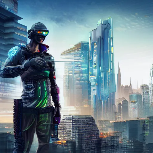 Prompt: hyper realistic cyberpunk with warrior in front ob big sky scrapers, person holding a sword and a pistol