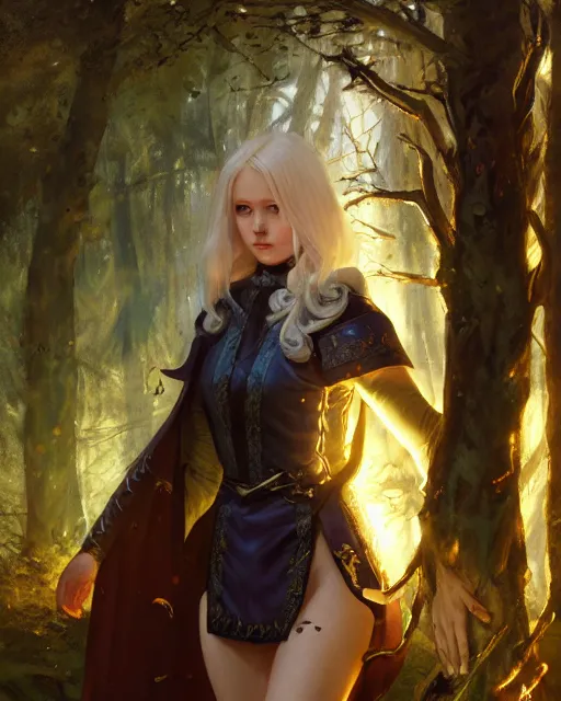 Image similar to blonde young sorceress with a cloak and leather tabard armor casting a spell in the forest, fantasy character portrait, ultra realistic, concept art, intricate details, highly detailed by ilya kuvshinov, greg rutkowski, gaston bussiere, craig mullins, simon bisley