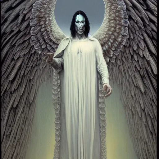 Prompt: Keanu Reeves as an angel of death, by Wayne Barlowe, 8k, insanely detailed and intricate, ominous, vivid and vibrant, terrifying