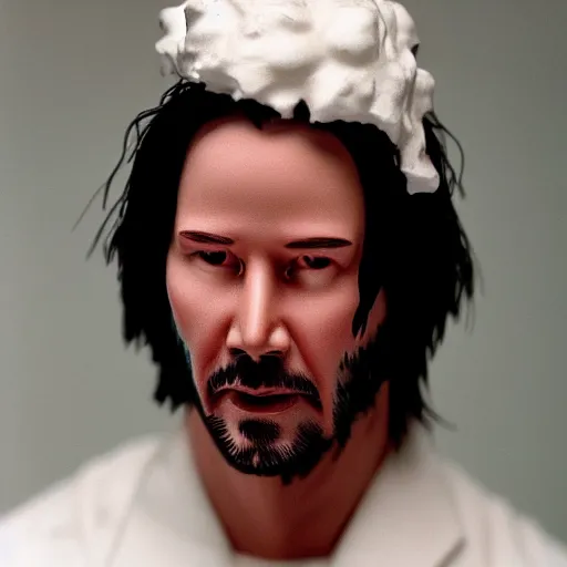 Image similar to a photo of keanu reeves sculpted out of whipped cream and cherries as eyes, 2 0 0 mm lens, shot on film, hyperrealism, bokeh