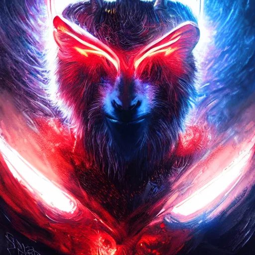 Image similar to portrait of an evil goat man as a paladin in full shining armor with one beautiful red glowing eye, oil painting, digital painting, intricate detail, vivid color, neon color, artwork by ross tran + raymond swanland