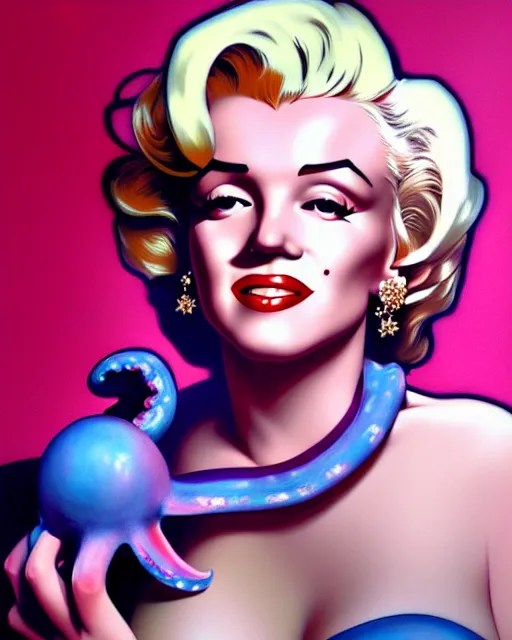 Image similar to close - up portrait of marilyn monroe, holding a pink and blue octopus, portrait, highly detailed, digital painting, artstation, concept art, sharp focus, illustration, art by artgerm and greg rutkowski and alphonse mucha