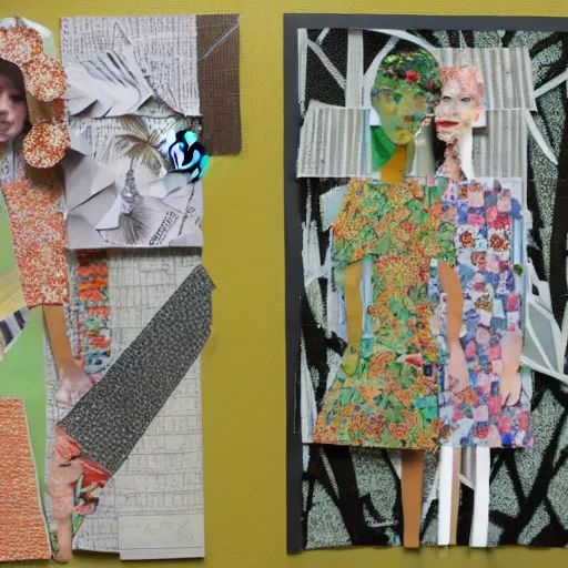 Image similar to paper collage art made of cut up magazines depicting two women holding hands in a jungle