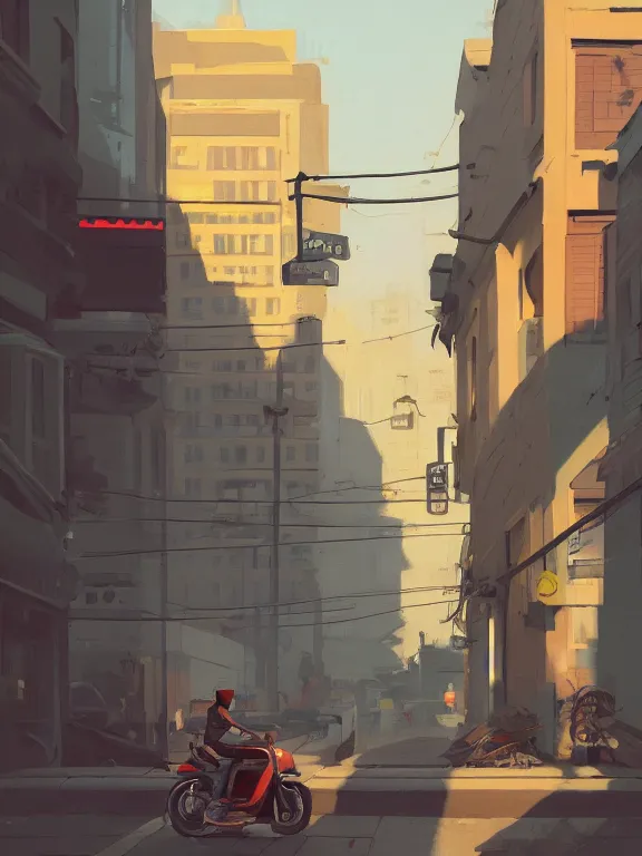 Prompt: a painting of a city street with a motorcycle parked on the side of the street by atey ghailan, artstation, plein air, streetscape, 2 d game art, isometric