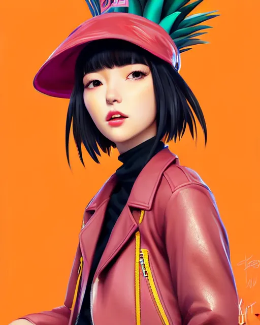 Image similar to pineapple girl wearing a candy hat and leather jacket, fine detail!! anime!! realistic shaded lighting!!, kim hyun joo, digital painting by ilya kuvshinov, magali villeneuve, artgerm, jeremy lipkin and michael garmash and rob rey