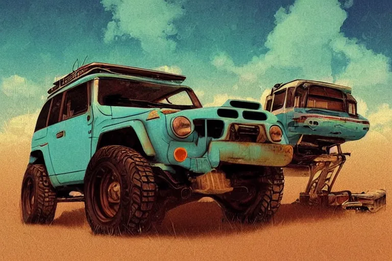 Image similar to digital illustration of a futuristic faded cyan mad max's fj 4 0 decrepit!!!! pursuit special, rusty!!! cyberpunk nissan fj cruiser heavily modded 1 9 9 0 s, the last v 8 interceptor by makoto shinkai, ilya kuvshinov, lois van baarle, rossdraws, basquiat