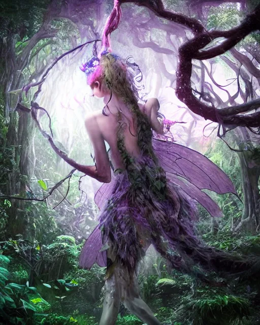 Image similar to a doomed fairy walking towards a ravenous, horrific portal to hades embedded in a creepy tree in a densely overgrown, magical jungle, fantasy, dreamlike sunraise, stopped in time, dreamlike light incidence, ultra realistic