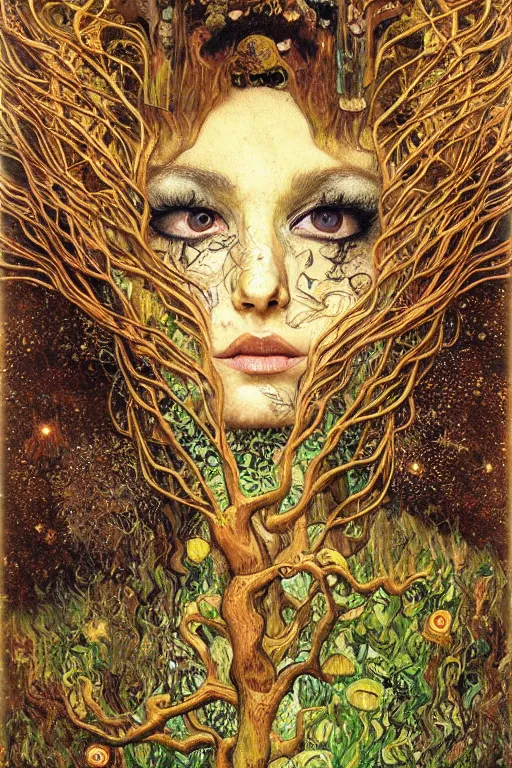 Image similar to Nature by Karol Bak, Jean Deville, Gustav Klimt, and Vincent Van Gogh, organic, fungi, moss, visionary, hair made of trees, botanicals, otherworldly, fractal structures, ornate gilded medieval icon, third eye, spirals