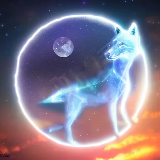 Prompt: a clear crystal wolf with moon shining through it, fantasy art, high definition, lens flares