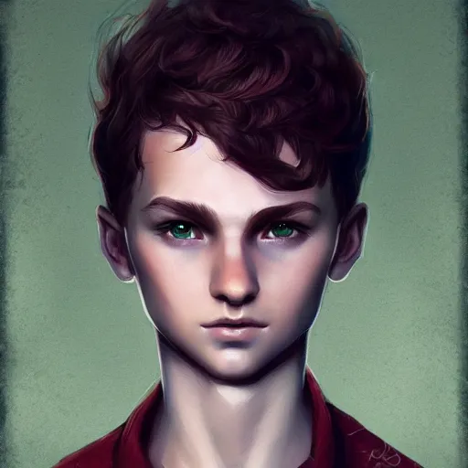 Prompt: teen boy, child, malachite hair, short hair, serious, intricate, ethereal, highly detailed, sharp focus, artstation, by charlie bowater