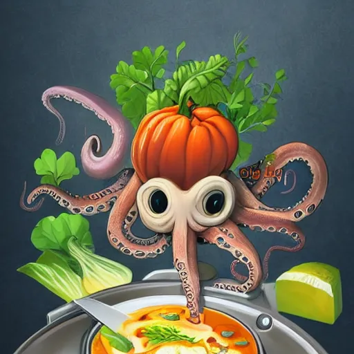 Image similar to an octopus cooking soup, stirring a pot with a ladle and cutting vegetables, fantasy illustration, trending on artstation, deviantart, very realistic, 4k