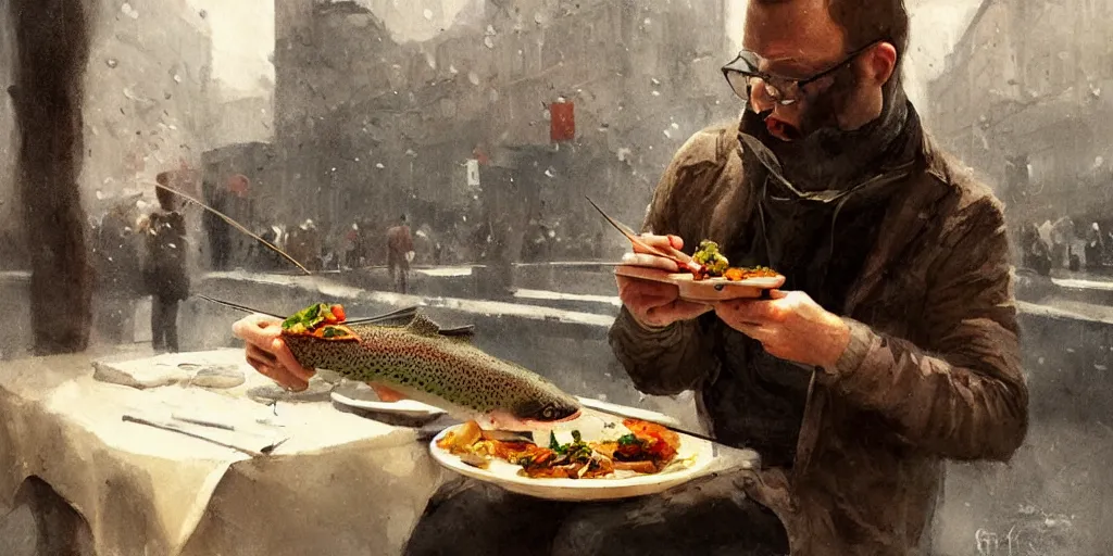 Image similar to journalist in oslo eating a trout, art by greg rutkowski