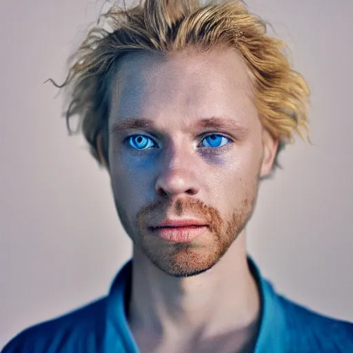 Prompt: color portrait of a very ugly blue eyed blond male by emmanuel lubezki