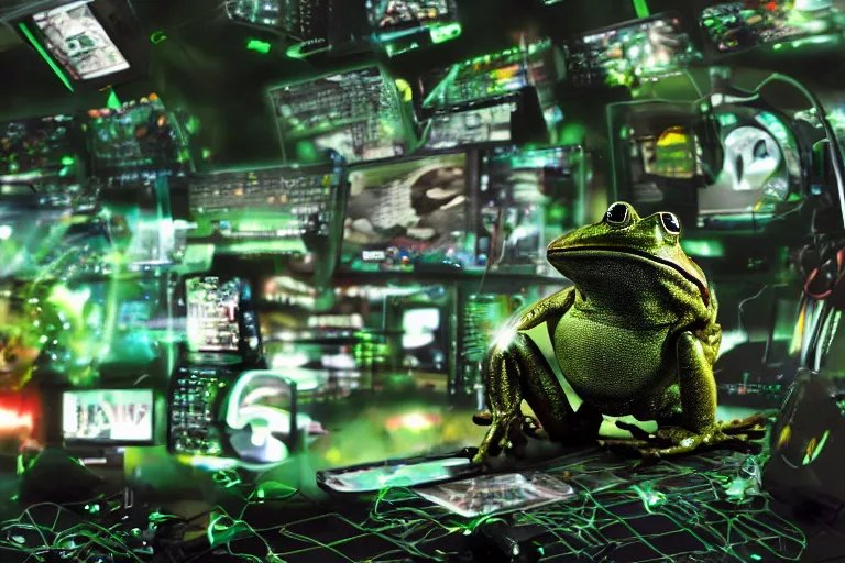 Image similar to cyborg - frog, surrounded by screens, in 2 0 5 5, y 2 k cybercore, industrial low - light photography, still from a ridley scott movie