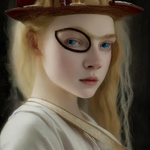 Image similar to Painting of Elle Fanning with an eyepatch and robot arm, long blonde hair, delicate, pale milky white porcelain skin, by Edmund Leighton. 8K. Extremely detailed.