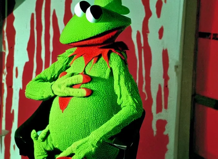 Prompt: freddy krueger as kermit the frog, happy face. long shot, happy colors, by hermann nitsch and hermann nitsch, high detail
