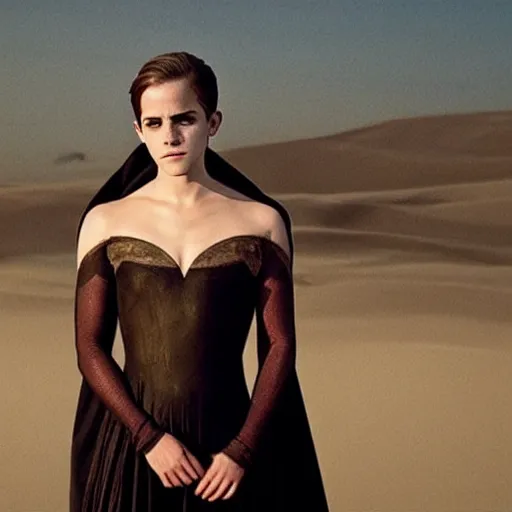 Image similar to Emma Watson as a bene-gesserit, ominous, brooding, dark