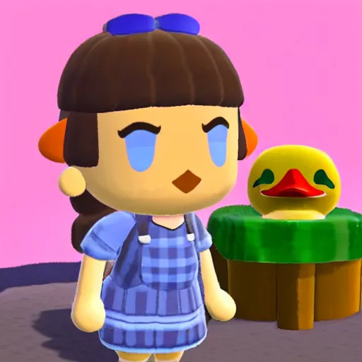 Prompt: green duck villager in animal crossing wearing a white helmet