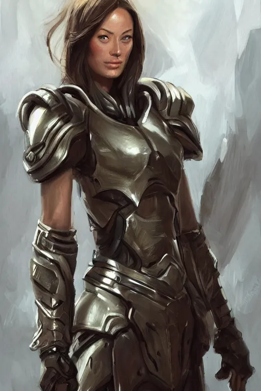 Image similar to a professional painting of a young Olivia Wilde, clothes in military armor, olive skin, long dark hair, beautiful bone structure, symmetrical facial features, intricate, elegant, digital painting, concept art, smooth, sharp focus, illustration, from StarCraft by Ruan Jia and Mandy Jurgens and Artgerm and William-Adolphe Bouguerea