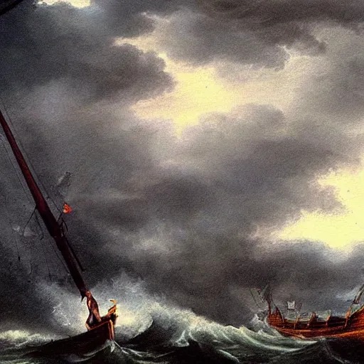 Image similar to stunning painting of a man holding the wheel on a schooner ship during a strong storm, epic concept art