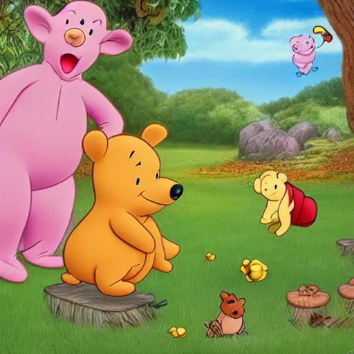 Image similar to Winnie the poo playing with piglet and owl 4k extremely detailed surrealism