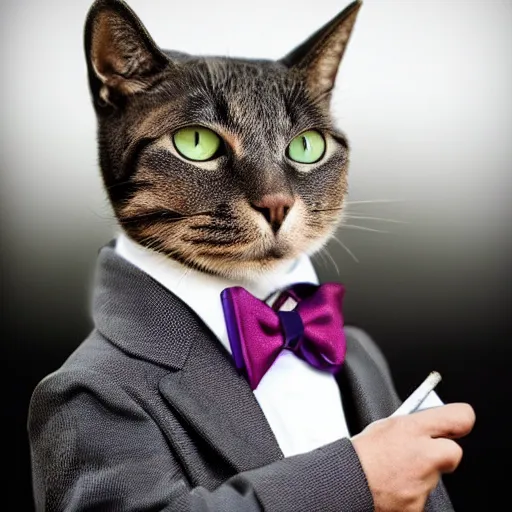 Image similar to cat wearing a suit smoking a cigar