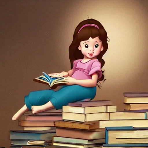 Image similar to a little girl with short wavy brown hair and blue eyes sits cross legged on top of a pile of books reading a book in a still from a disney movie. beautiful disney cartoon character art, high quality, detailed face