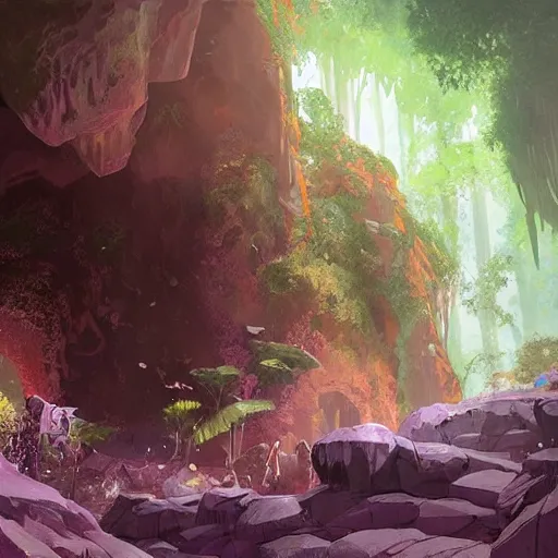 Prompt: beautiful giant piece of amethyst in a lush cave, greg rutkowski