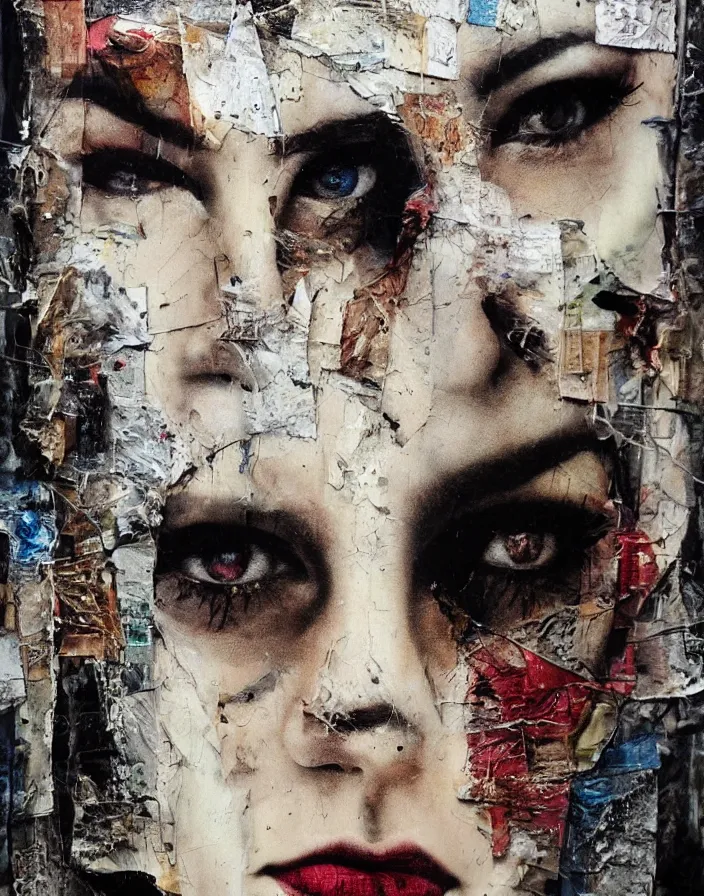 Prompt: unpopular liquid eyes detailed analogue mixed media collage with canvas texture in style of contemporary art, punk art, hyperrealistic beautiful face, photorealistic, expressionism, masterpiece, perfect composition, spectacular quality torn paper, intricate oil details