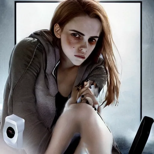 Image similar to a girl who is a mix of emma watson and scarlett johansson and nathalie portman, using a device to connect herself to a computer through an usb cable and a port in her arm, cables, it, very detailled, by david rutkowski