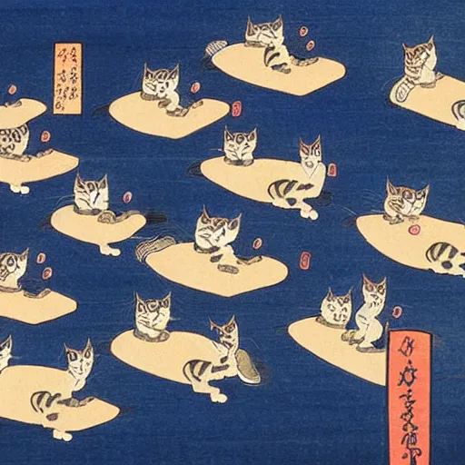 Image similar to masterpiece ukiyo-e painting of a cat parade at night