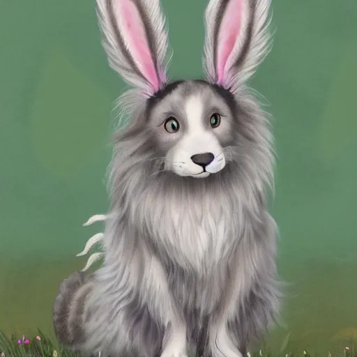 Prompt: cute fluffy grey tabby border collie and tan lop eared bunny rabbit hybrid mixed creature character concept, with long flowing fur blowing in the wind, wearing headdress of tribal peacock feathers and flowers, detailed painting, renaissance, 4 k lovecraft!! dark omnious atmosphere tentacles