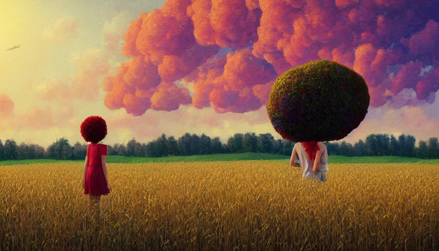 Prompt: giant red carnation afro head, full body, girl watching sunset, empty wheat field, surreal photography, forest background, dramatic light, impressionist painting, colorful clouds, digital painting, pointillism, artstation, simon stalenhag