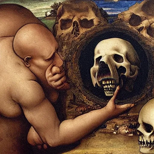 Image similar to obese dog in hell, sitting next to a human skull, renaissance painting