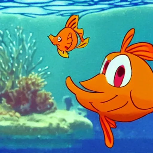 Prompt: a smug goldfish under the sea, in the style of disney, high quality, famous scene, don bluth
