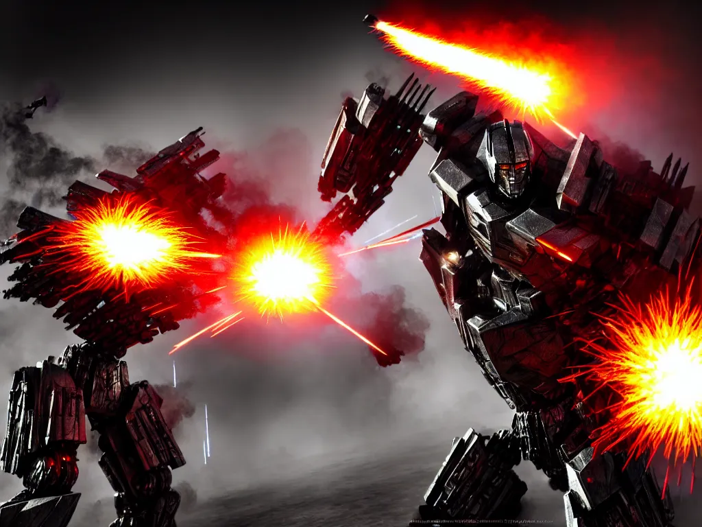 Image similar to megatron in battle, smoke, fire, explosions, chrome, shiny, reflective, metallic, 3 d render, realistic, hdr, stan winston studios, dramatic lighting, flame colors bright,