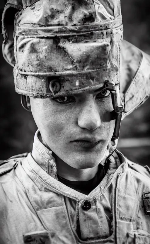 Prompt: portrait photo, highly detailed, high resolution, cosplay photo, stunning, ドールズフロントライン style, bokeh soft, shot on 70mm, zenithal lightning, trending on instagram, by award winning photographer, realistic human anatomy, real human faces, realistic military carrier, soldier clothing, modern warfare, empty hands, shot with a professional camera, low saturation, soldier clothing