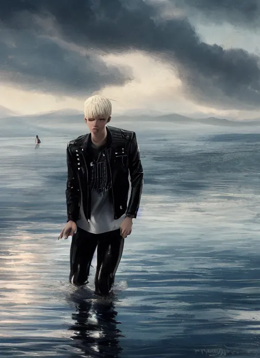 Prompt: beautiful teenage boy with platinum blonde hair and black wings walking on water, wearing leather jacket, beautiful, detailed portrait, cell shaded, 4 k, concept art, by wlop, ilya kuvshinov, artgerm, krenz cushart, greg rutkowski, pixiv. cinematic dramatic atmosphere, sharp focus, volumetric lighting, cinematic lighting, studio quality