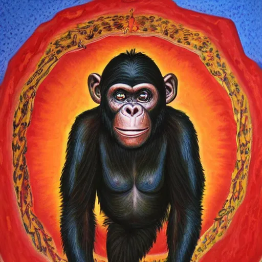 Prompt: portre of an autistic demonic chimpanzee on acid, masonic and kabalistic symbols in background, oil painting