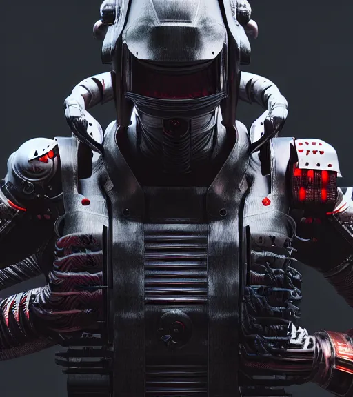 Image similar to complex 3 d render, hyper detailed, cyberpunk android street samurai, samurai armor plate, japanese patterns, digital portrait, elegant, hyper realistic, techwear clothing, octane render, darriel diano style, volumetric lighting, 8 k post - production, artstation hq, unreal engine 5, unity engine