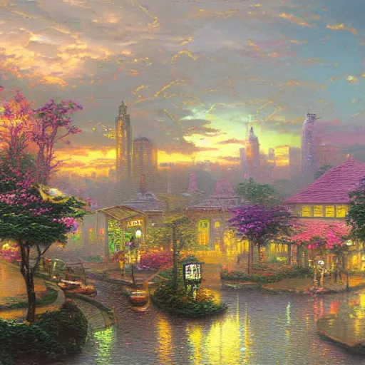 Prompt: Thomas Kinkade painting of a solarpunk city