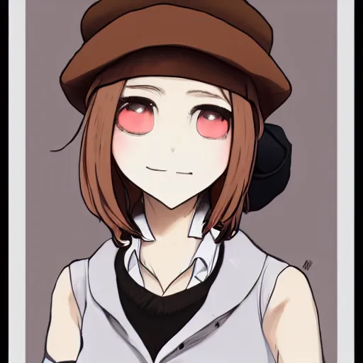 Image similar to Rindou Radical Dream art; girl with short brown hairm, wearing a beret; white shirt ; Rindou Radical Dream art