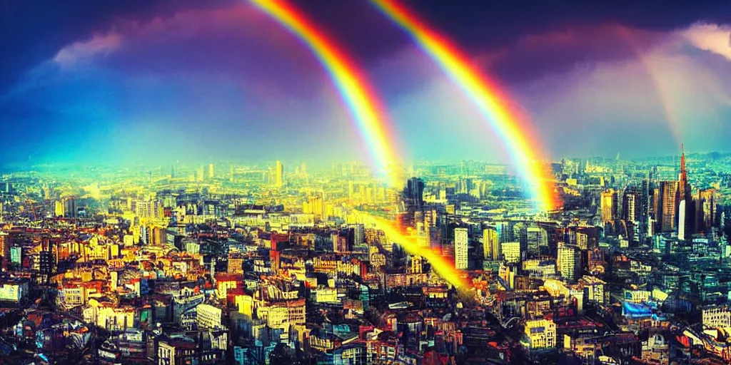 Image similar to a huge city landscape with a dawn mood, many rainbows in the background, incredible digital art, many rainbows, wide angle,