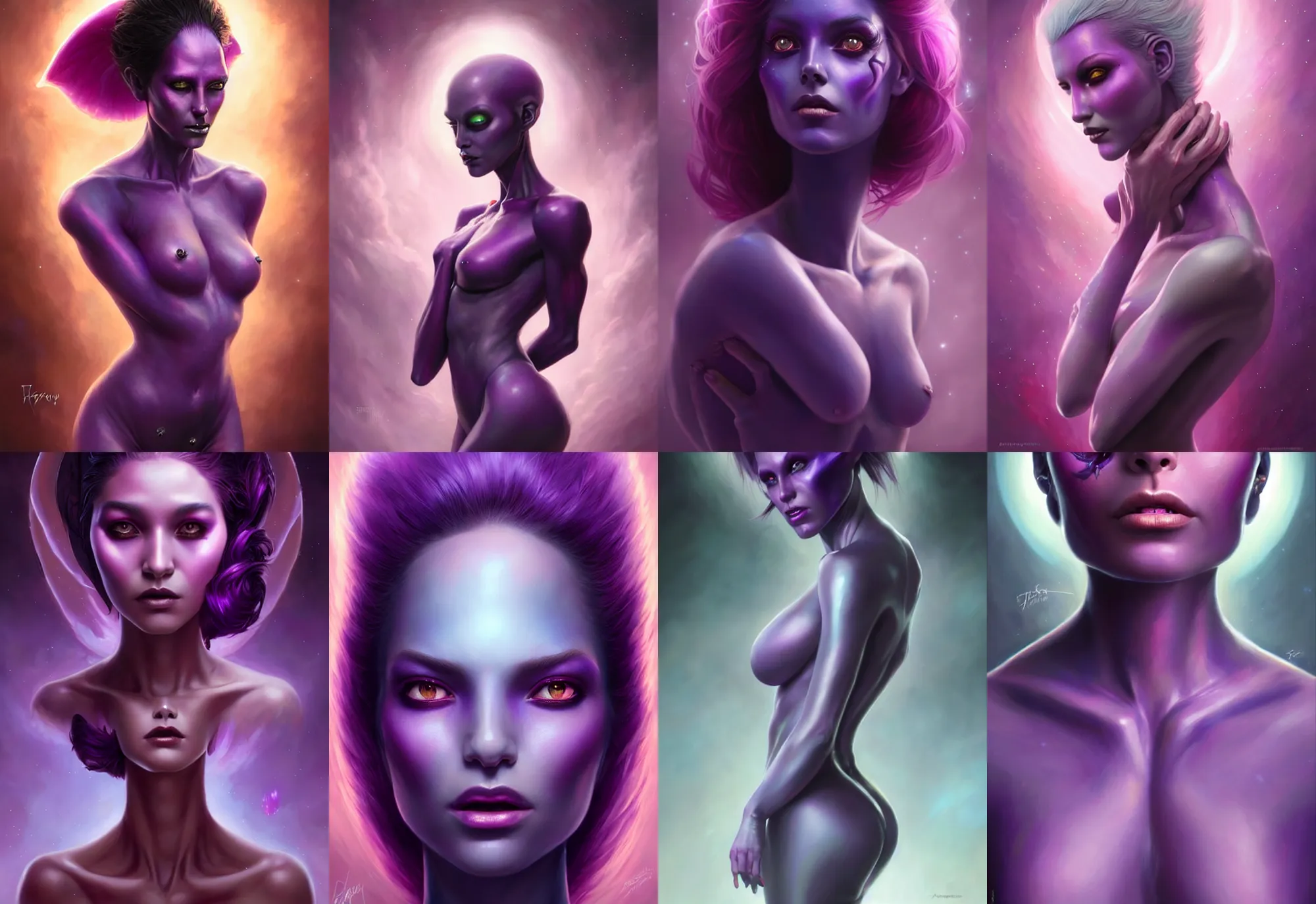 Prompt: a beautiful alien woman with purple skin, painted by artgerm and tom bagshaw, fantasy art, dramatic lighting, highly detailed oil painting
