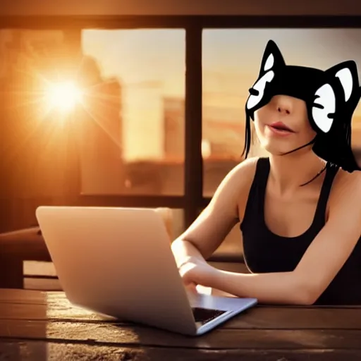 Prompt: cute woman wearing tank top and cat ears plays on computer, smooth art, sun flare