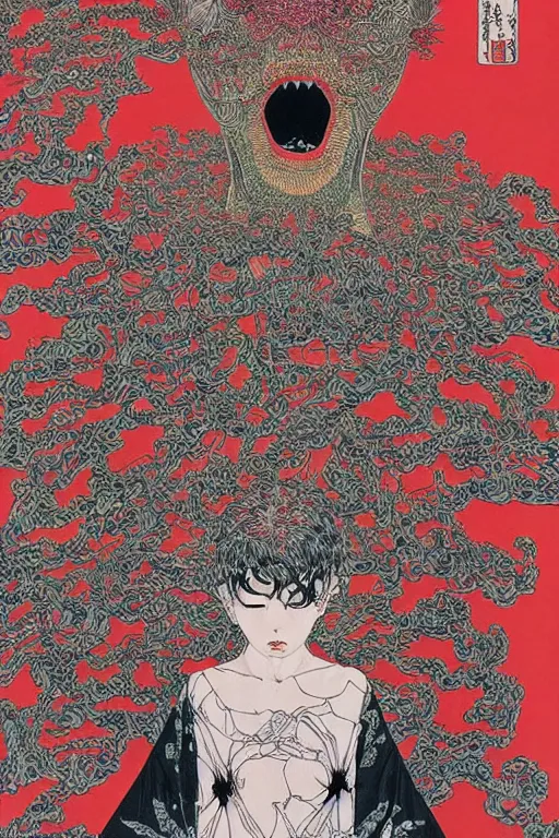 Prompt: body breaking apart, life like conjuring psychedelic illustration by shintaro kago, ultra realistic, highly detailed, hypermaximalist, symmetrical, rich deep colors. art by takato yamamoto. masterpiece