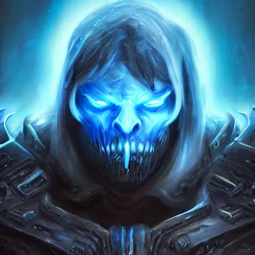 Image similar to a digital portrait painting of a death knight from world of warcraft, glowing blue eyes, matte painting, hyper realistic, very detailed, dramatic scene, realistic lighting, dark fantasy, 4 k, in the style of greg rutkowski,